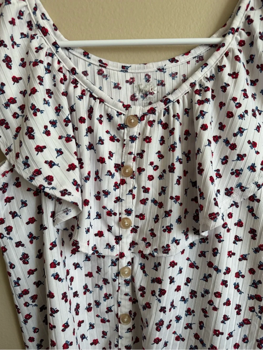 Justice Floral Tie Front Blouse Girls XL 16/18 White Ribbed Flutter Sleeve Top